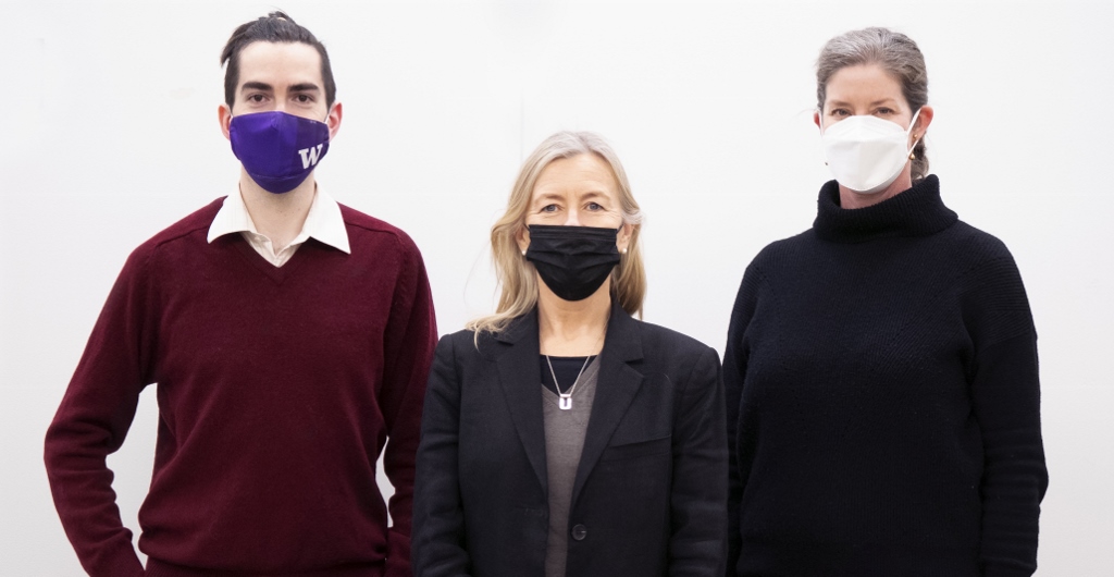 Left to Right: Host Colin Connors, Swedish cultural attaché Helene Larsson Pousette, and assistant professor Amanda Doxtater pose outside the studio with coronavirus masks covering their faces.