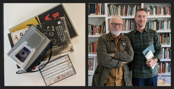 Left image shows a cassette tape recorder and a cassette cased labeled "number 57." The right image shows author Bjørn Westlie and translator Dean Krouk smiling together.