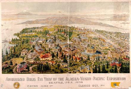 Birds-eye view of the Alaska-Yukon-Pacific Exhibition Grounds. Current site of the UW-Seattle campus.