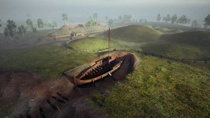 A digital illustration shows a Viking ship half buried in a mound, next to other monumental burial mounds.