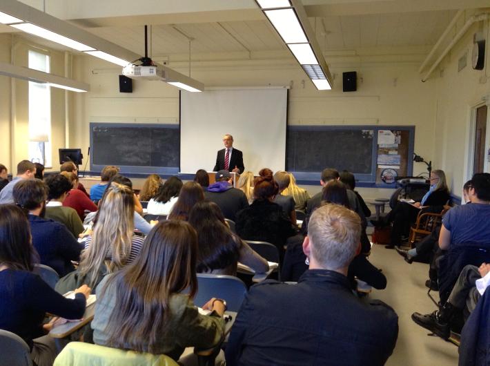 Ambassador David O'Sullivan speaking to Professor Christine Ingebritsen's class