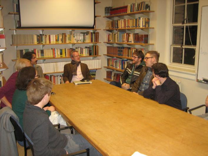 Pasi Sahlberg meeting with UW Finnish students, (from left to right) Ryan Majidimehr, Pasi Sahlberg, Michael Brown, Christopher Morris, and Matthew Kuosmanen