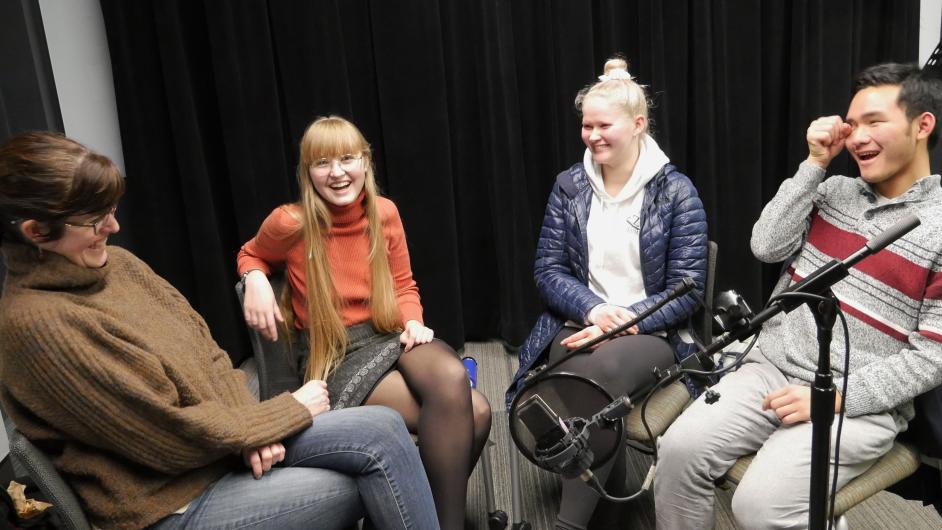 Amanda Doxtater and students in the studio