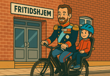 cartoon of King of Denmark riding bicycle, taking his son to daycare