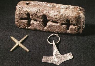 Soapstone mold used to produce both Thor’s hammers and Christian Crosses, 10th century, Denmark