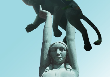 image of Latvian Freedom Monument holding a large cat from the 'Flow' film