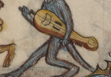 Monkey playing a hurdy gurdy, c. 1375. MS Bodl. 264