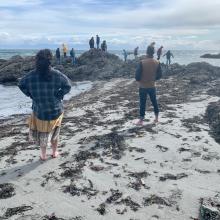 Professors Lauren Poyer and Andy Meyer standing in seaweed, watching as students climb around on tidepool rocks. Photo taken on South Beach, San Juan Island.